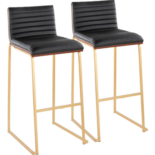 Mason Mara 30" Bar Stool in Gold, Walnut Wood & Black Leatherette (Set of 2)